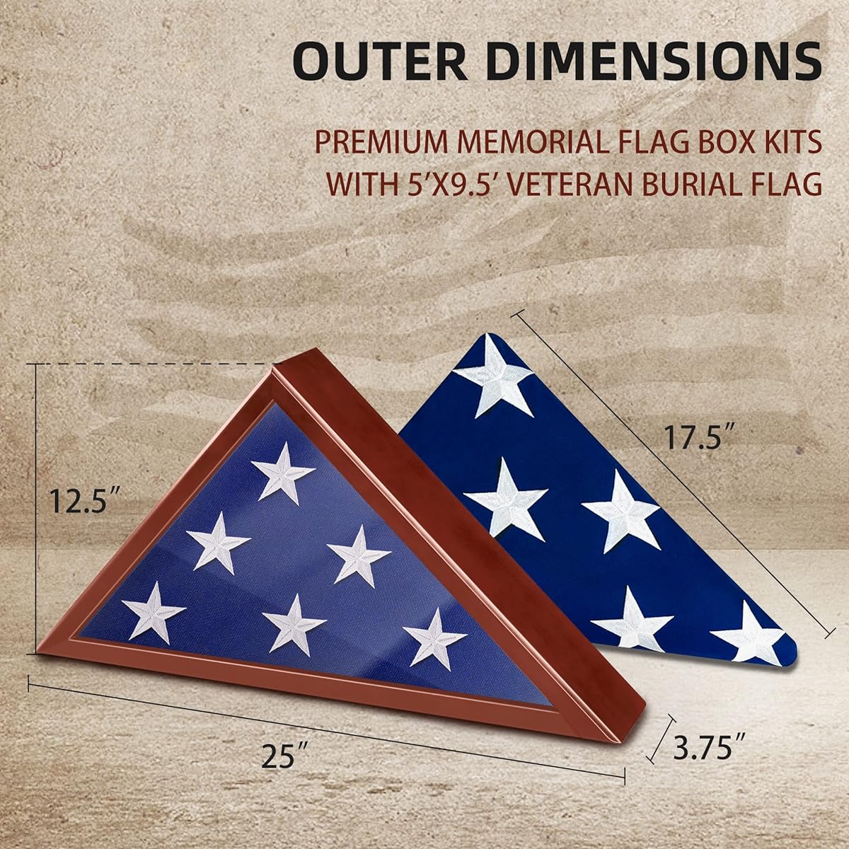 This Memorial American Flag Set 5x9ft with Wooden Display Case, Flag Shadow Box, Cotton US Burial Flag, Embroidered Stars, Wall Hanging Funeral Flag Kit