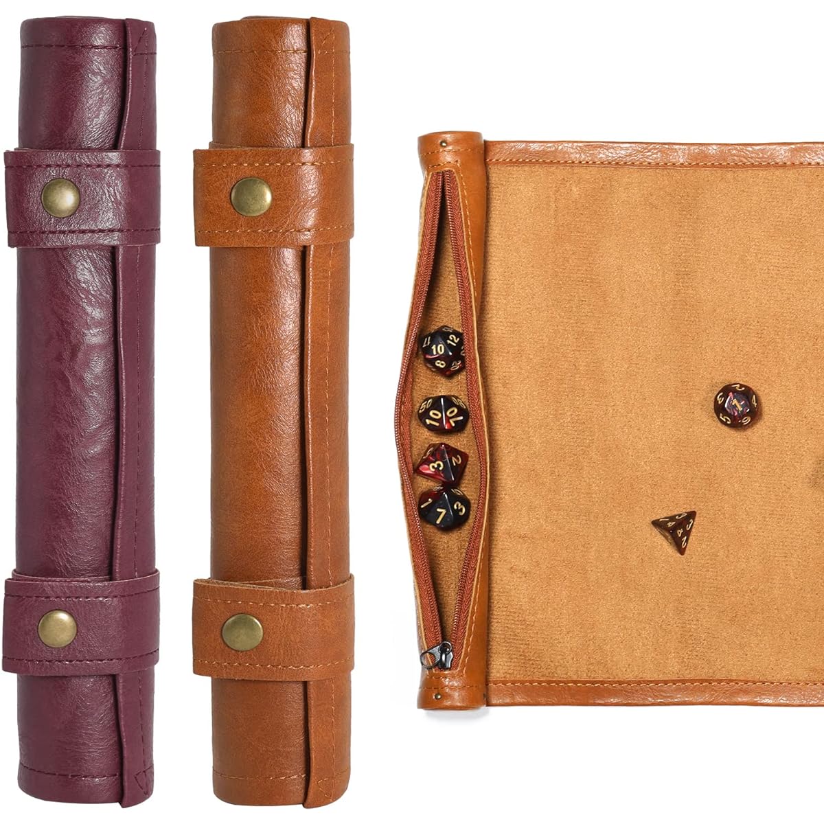 Lohoee Dice Rolling Mat, PU Leather Dice Holder Tray, Zipper Foldable Dice Bag for Dice Game Accessories (Brown and Purple) Set of 2