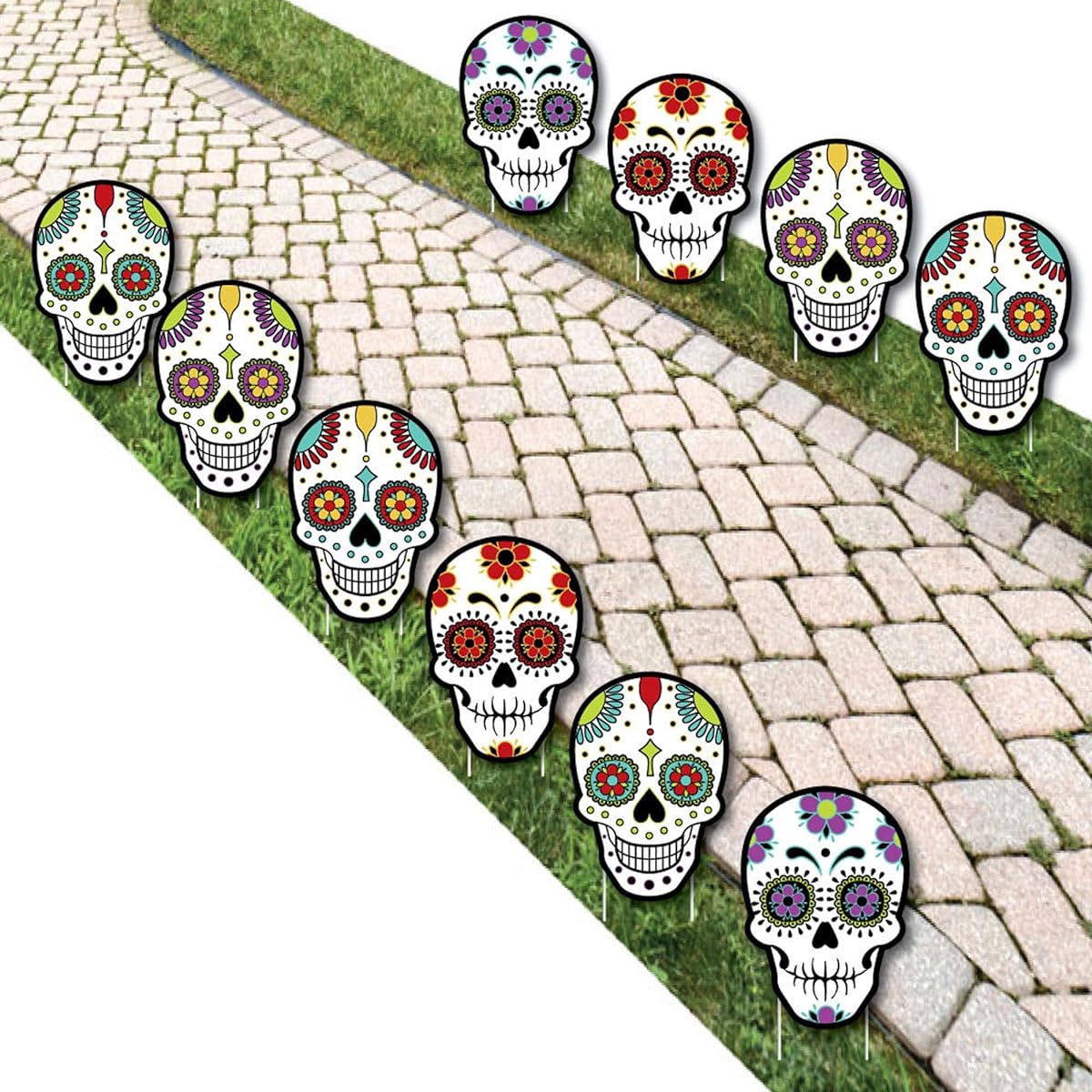 Big Dot of Happiness Day of the Dead - Sugar Skull Skeleton Lawn Decorations - Outdoor Halloween Yard Decorations - 10 Pieces