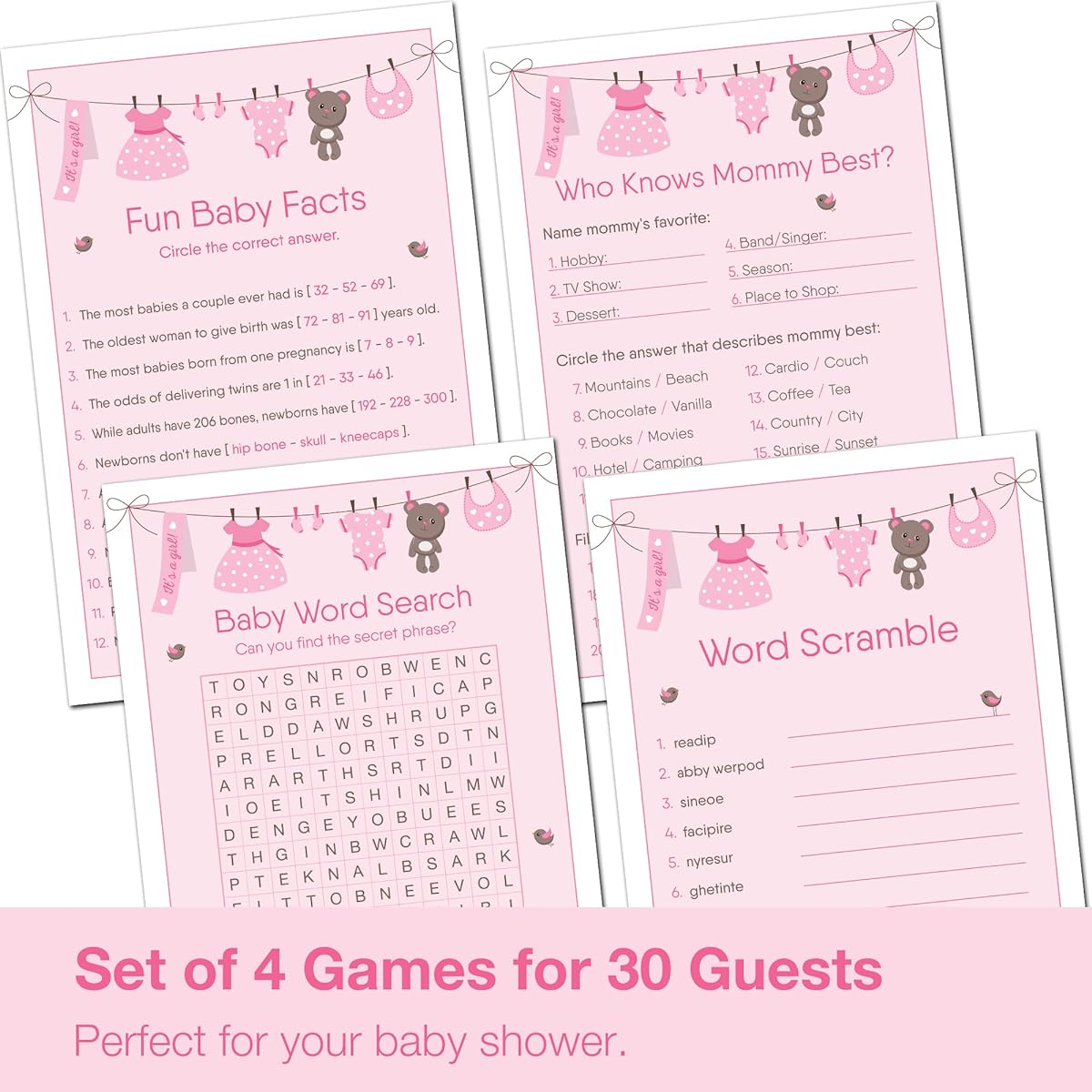 Baby Shower Games for Girls, Set of 4, for 30 Guests, Double-Sided Cards, Baby Shower Supplies