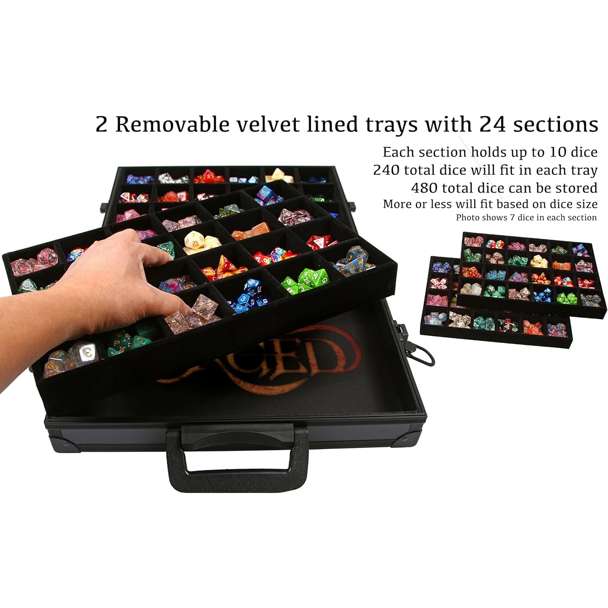 Forged Dice Co. Dice Display Case and Rolling Tray with 2 Removable Divided Dice Trays - Storage Box Holds up to 480 Metal or Plastic Polyhedral Dice Sets - Perfect for Dice Collectors or RPG D&D Games