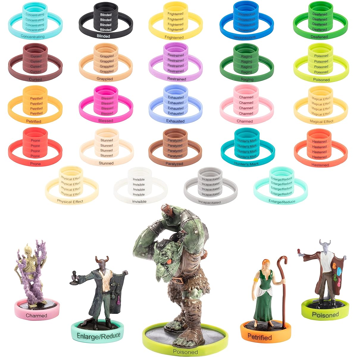 DND Flexible Condition Ring - 96 Status Effect Markers with 24 Different Condition Sizes for Medium & Large Minis - Easily Slides Under Minifigures - Compatible with Dungeons Dragons/Pathfinder/All RPG Games