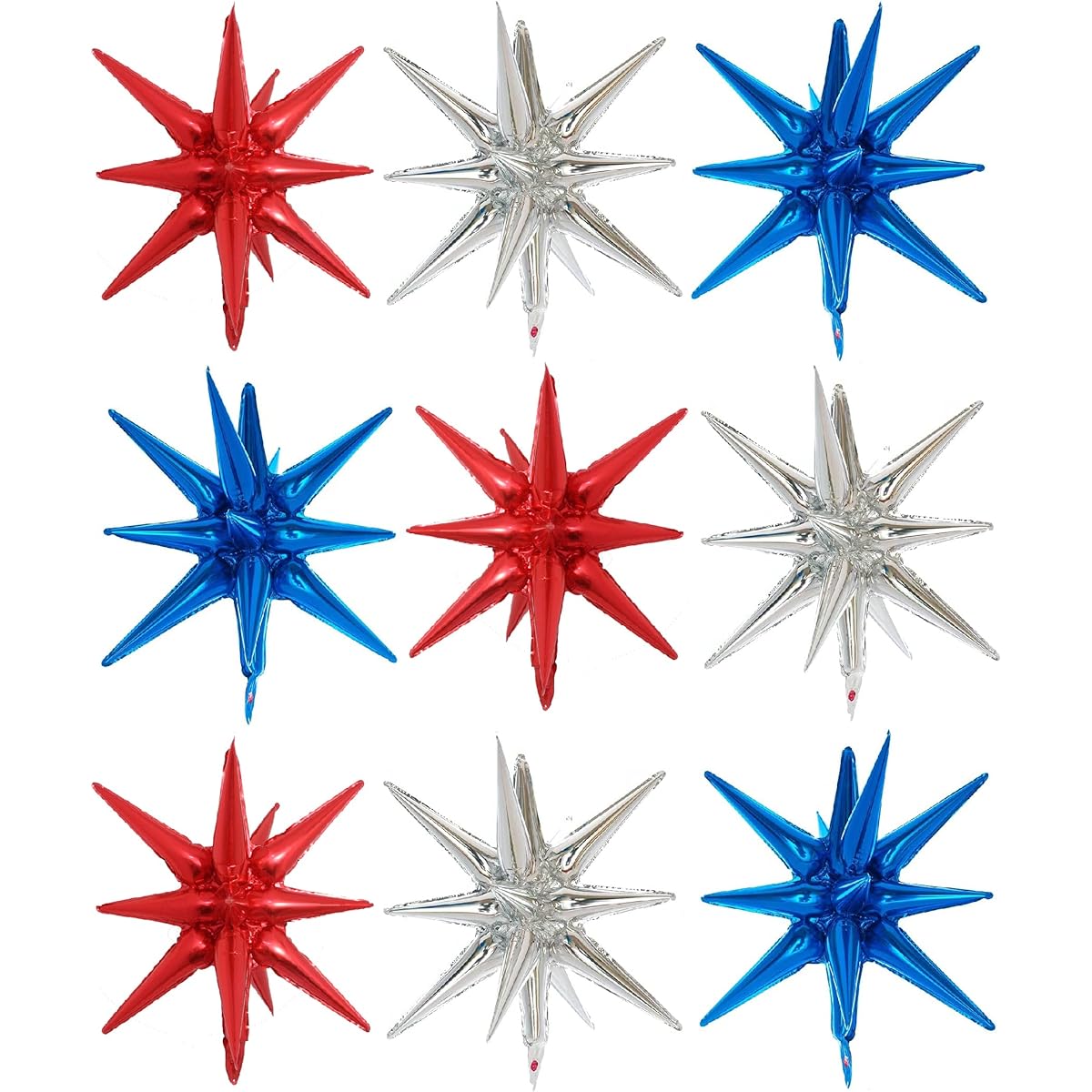9pcs Blue Red White Explosion Balloons Independence Day - 22" 4th of July Spike Starburst Star Cone Balloons - American Memorial Day Foil Balloons for Patriotic Party Decorations