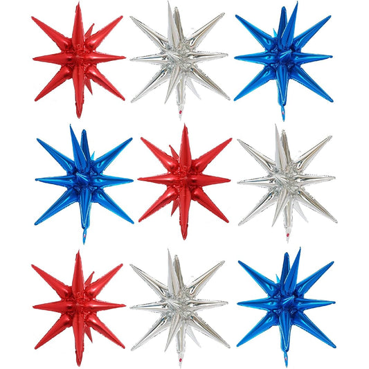 9pcs Blue Red White Explosion Balloons Independence Day - 22" 4th of July Spike Starburst Star Cone Balloons - American Memorial Day Foil Balloons for Patriotic Party Decorations