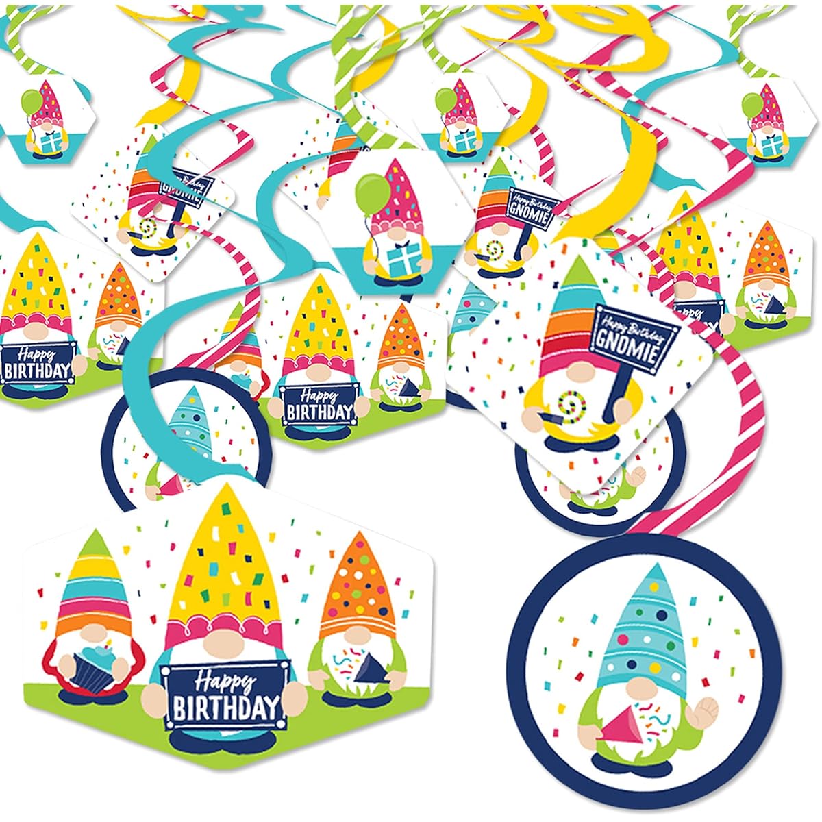 Big Dot of Happiness Gnomes Birthday - Happy Birthday Party Hanging Decorations - Party Decorations Swirls - Set of 40