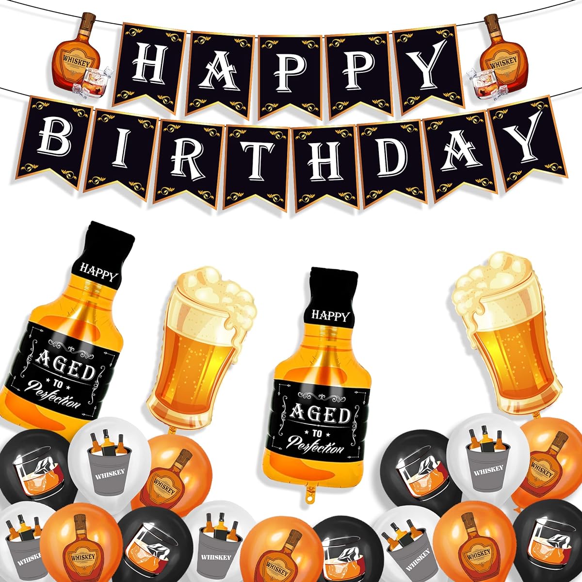 Whiskey Party Decorations 21 Pieces Whiskey Bottle Beer Cup Mylar Foil Balloons Happy Birthday Banner Set Bar Summer Party Beer Festival Birthday Party Supplies