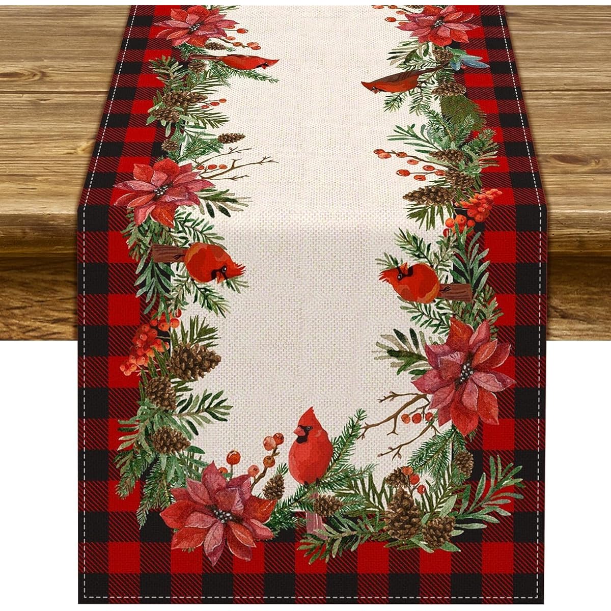 Christmas Cardinal Table Runner Buffalo Checkered Poinsettia Holly Christmas Winter Holiday Kitchen Dining Home Decoration (13" x 108")
