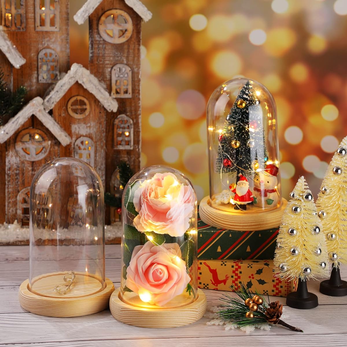 Clear Plastic Cloche with Rustic Wood Base and LED Fairy Lights Plastic Dome Display Cloche Case Bell Jar Rose Christmas Valentine's Day Wedding Tabletop Centerpiece Decoration 6.5 x 3.7 Inch