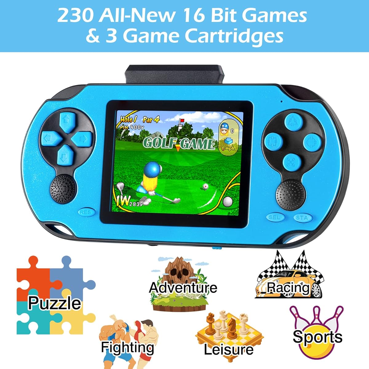 TaddToy 16 Bit Handheld Game Console for Kids and Adults, 3.0" Large Screen Preloaded 230 HD Classic Retro Video Games with USB Rechargeable Battery & 3 Game Cartridges for Kids 4-12 Years Old