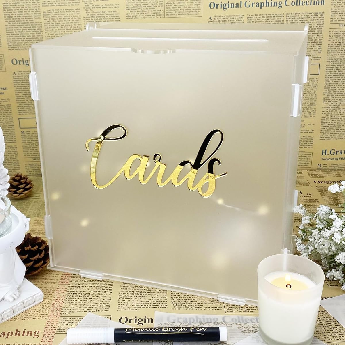 FCDECOR Frosted Acrylic Wedding Card Box with Lock DIY Gift Card Box for Wedding Reception String Lights and PE Wedding Envelope Money Card Box Party Graduation Baby Shower Birthday Decoration