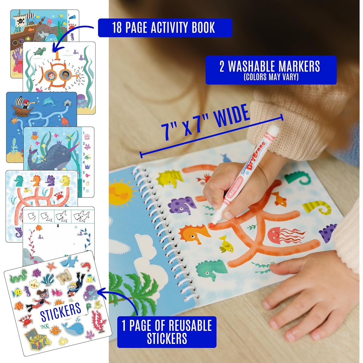 Totebook Kids Travel Dry Erase Activity Kit - Replacement Book Only for Ages 3-8, Includes 2 Washable Markers, 18 Reading Level Activities, and Reusable Stickers (Ocean)