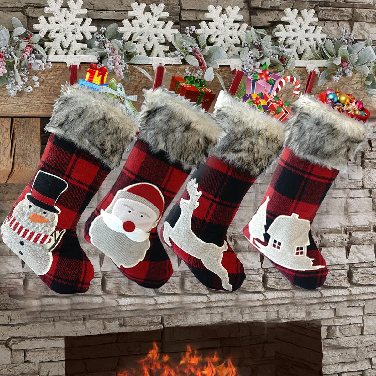 SVIMZAEN 4 Piece Christmas Stockings Set, 18 Inch Classic Red & Black Buffalo Checkered Christmas Stockings with Plush Faux Fur Cuffs for Family Holiday Christmas Party Decorations (Snowman/Santa/Reindeer/Farmhouse)
