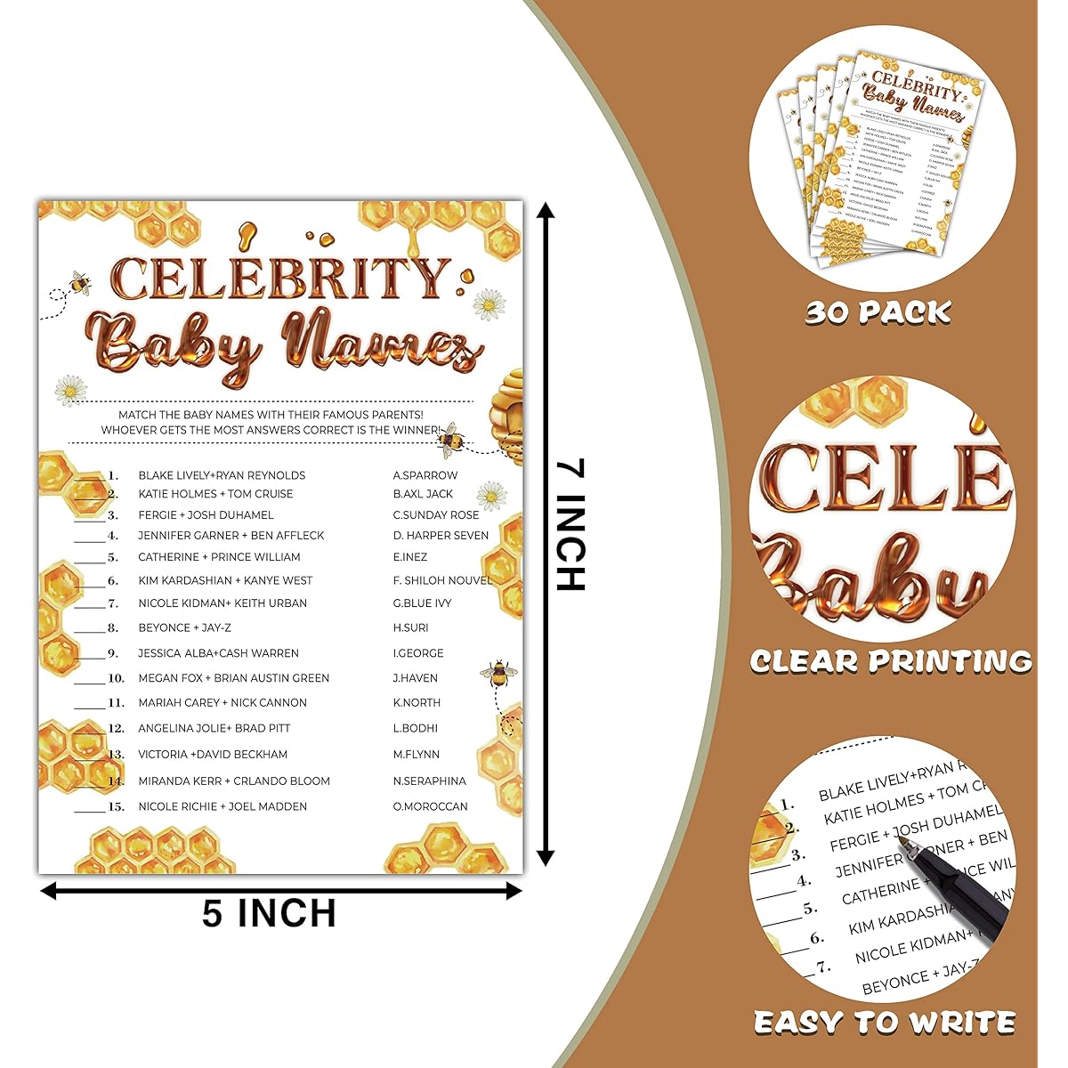 Baby Shower Games - Celebrity Baby Name Game Cards for Gender Reveal Party - Bumblebee Baby Shower Games & Activities - Honeycomb Party Favors Decorations - 30 Game Cards & 1 Answer Card (F05)