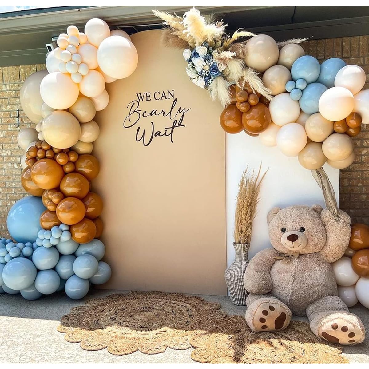 134pcs Brown Blue Balloon Garland Arch Kit Bear Baby Shower Decor Blue Coffee Nude Balloons Teddy Bear Baby Shower Boho Birthday Gender Reveal Party Decorations