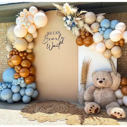 134pcs Brown Blue Balloon Garland Arch Kit Bear Baby Shower Decor Blue Coffee Nude Balloons Teddy Bear Baby Shower Boho Birthday Gender Reveal Party Decorations