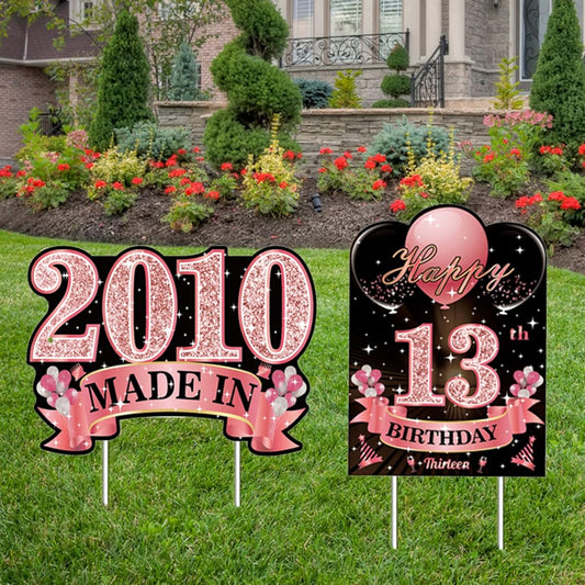 2 Pieces 13th Birthday Decorations for Girls Rose Gold 2010 Birthday Yard Sign with Stakes 13th Birthday Lawn Sign Decorations Party Favors
