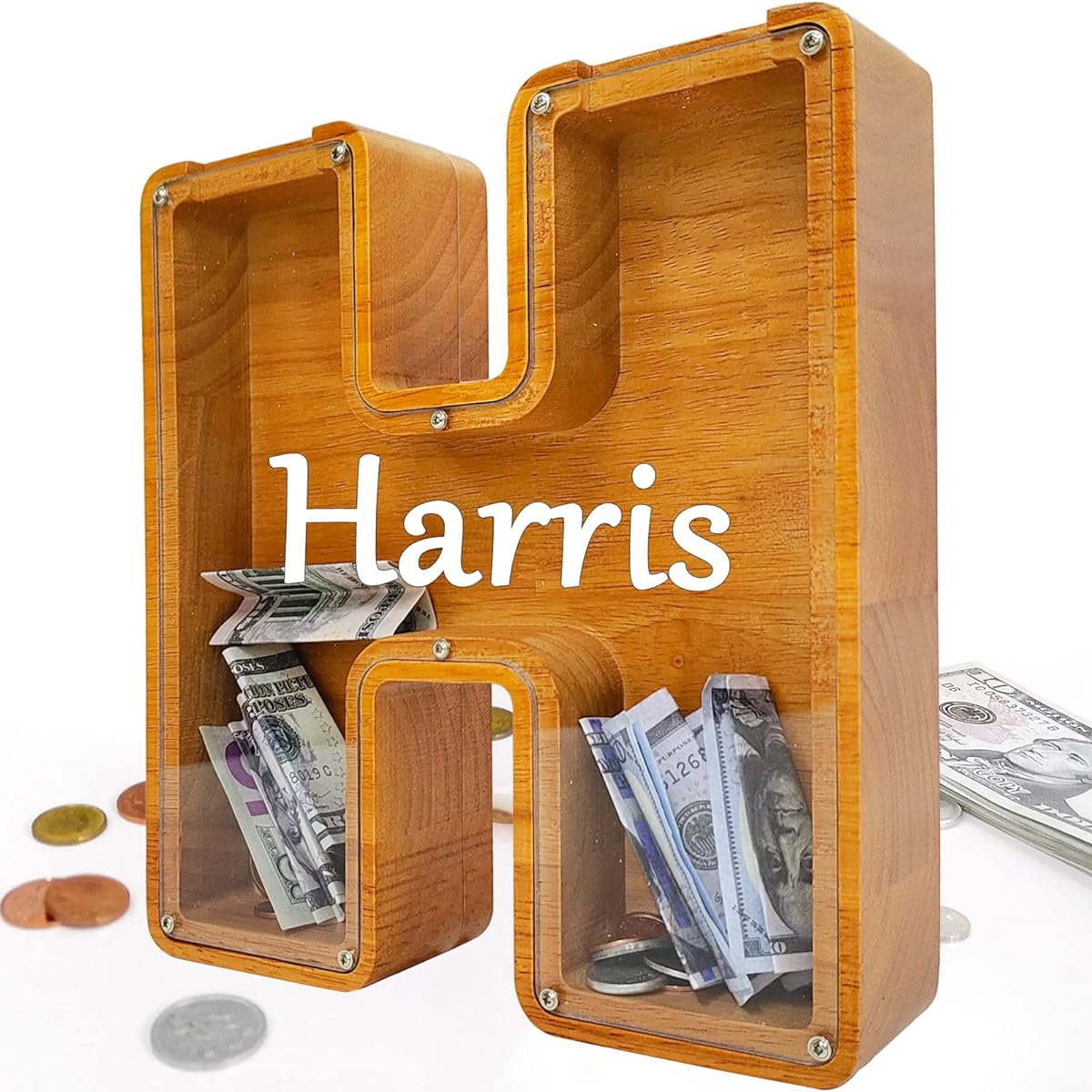 Custom Wooden Piggy Bank Creative 26 English Alphabet Storage Tank Personalized Letter Coin Bank Customized Wooden Toy Piggy Bank Frame DIY Your Name Letter Decoration Kids Money Piggy Bank (H)