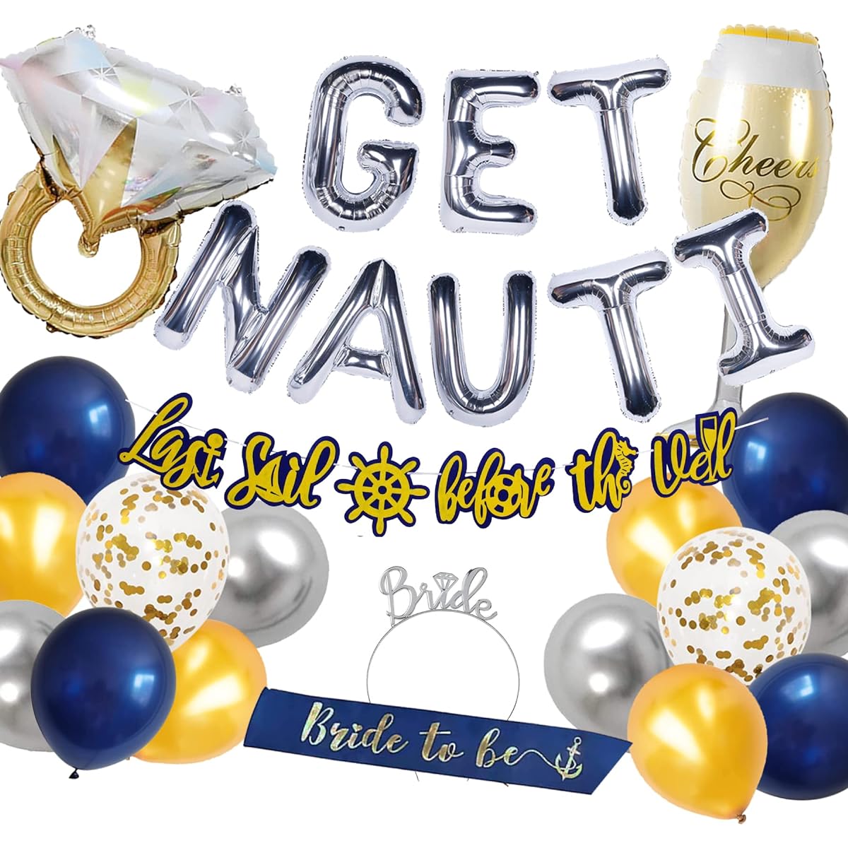 READIGO Last Sail Before the Veil Nautical Bachelorette Party Decorations Naughty Bridal Shower - Bride to be Sash + Tiara Silver Get Nauti Balloon Banner Cruise Ship Navy Wedding Engagement Party Favors