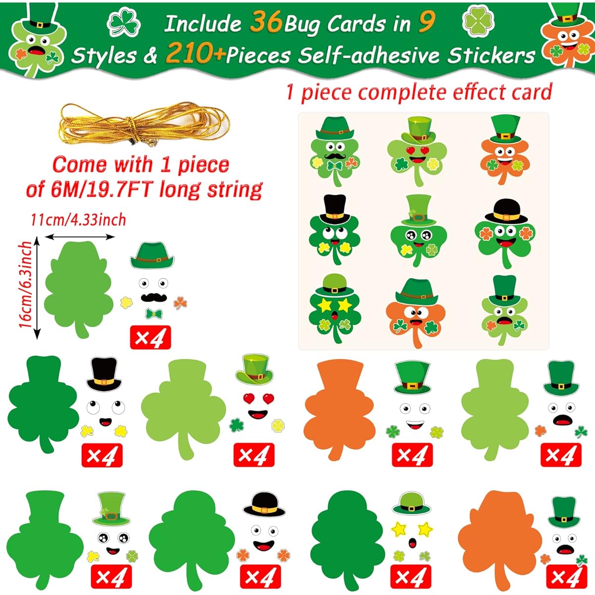 chiazllta St. Patrick's Day Craft Kit 36 Pack DIY Shamrock Art Craft for Preschool Kids St. Patrick's Day Make Your Own Shamrock Paper Craft Set Home Class Game Activities for Kindergarten