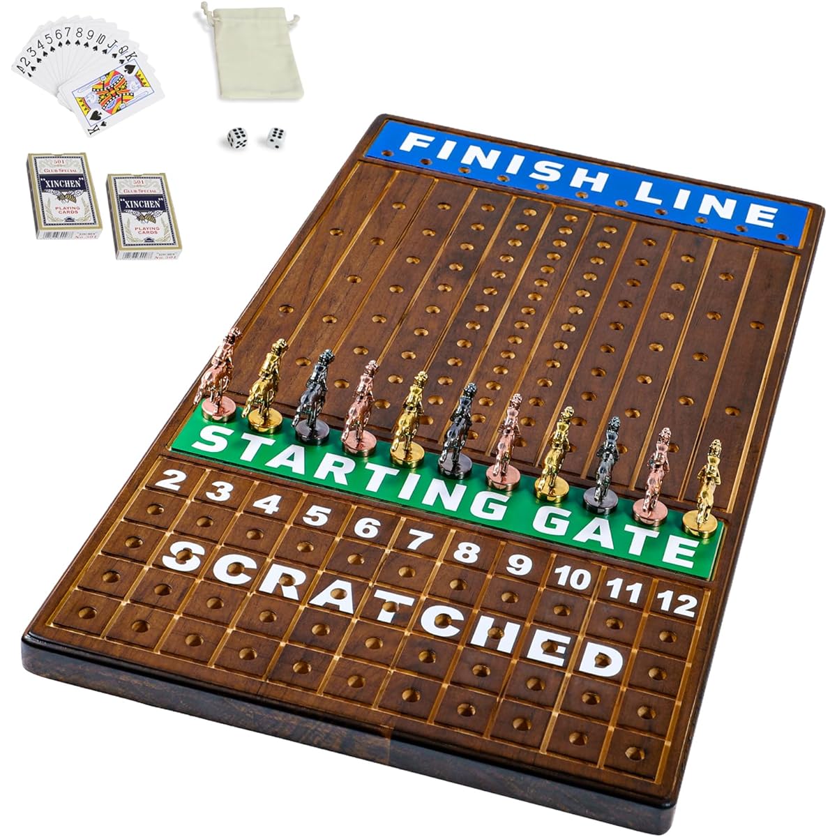 Grhonior Finish LINE Horse Racing Board Game, Race Board Game, Premium Metal Craft Horses, Thick Pine Game, Chess Board, Comes with 2 Sets of Dice and 2 Boxes of Cards (Fiery Color)