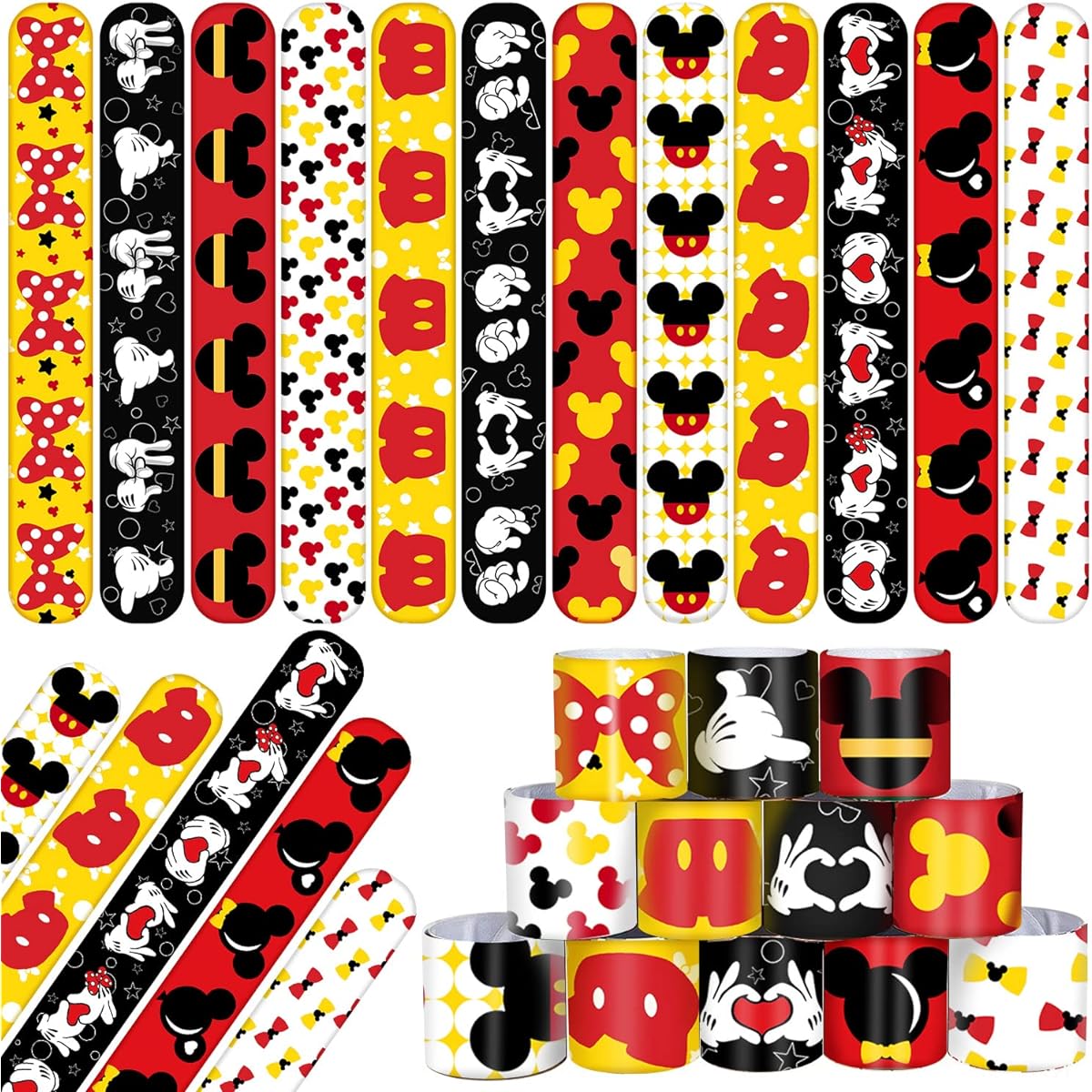 Lcnjscgo Mouse Party Favors 60pcs Cartoon Mouse Theme Party Slap Bracelets Wristbands for Kids Adults Classroom Rewards Exchange Gifts Birthday Mouse Party Supplies Decorations