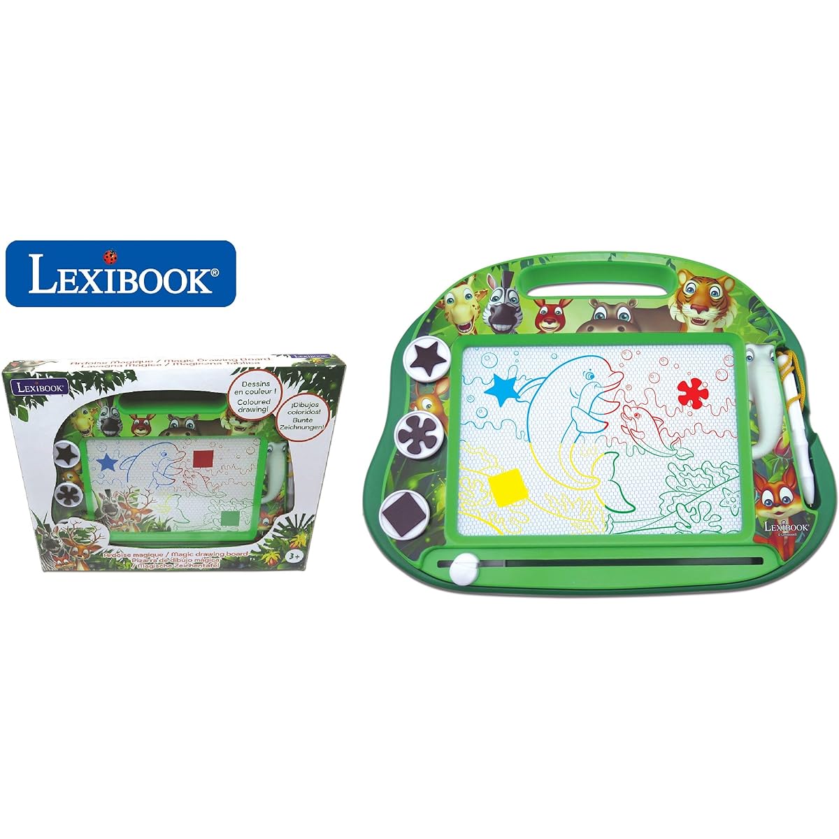 LEXiBOOK Multicolor Magic Magnetic Animal Drawing Board Artistic and Creative Toys for Girls and Boys with Stylus Pens and Stamps, Green CRANX550
