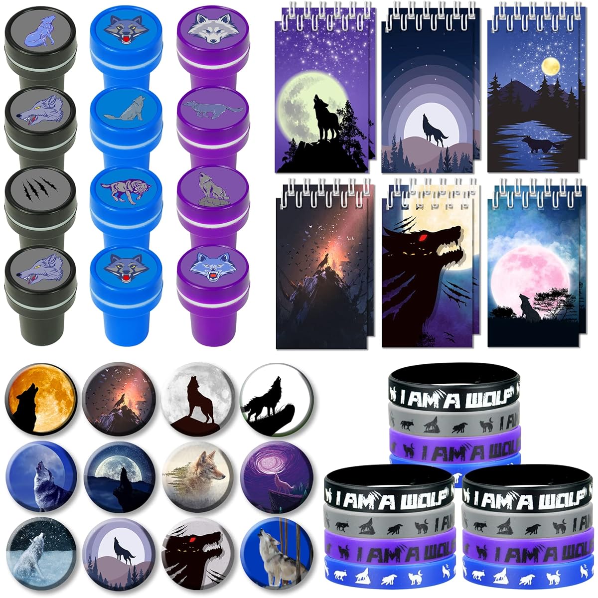 48 Pcs Wolf Party Favors Wolf Birthday Party Favors - 12 Llama Button Pins, 12 Mini Notes, 12 Stamps, 12 Rubber Bracelets for Birthday Parties, Baby Showers, Holidays