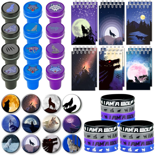 48 Pcs Wolf Party Favors Wolf Birthday Party Favors - 12 Llama Button Pins, 12 Mini Notes, 12 Stamps, 12 Rubber Bracelets for Birthday Parties, Baby Showers, Holidays
