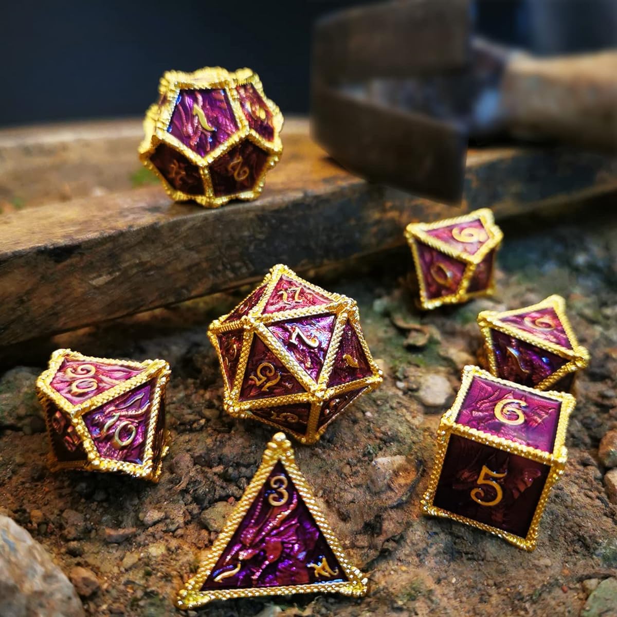 HAOMEJA DND Dice Metal Dragon Set Dice 7 Role Playing Dice D&D Solid Dice Dungeons & Dragons (Gold Purple)