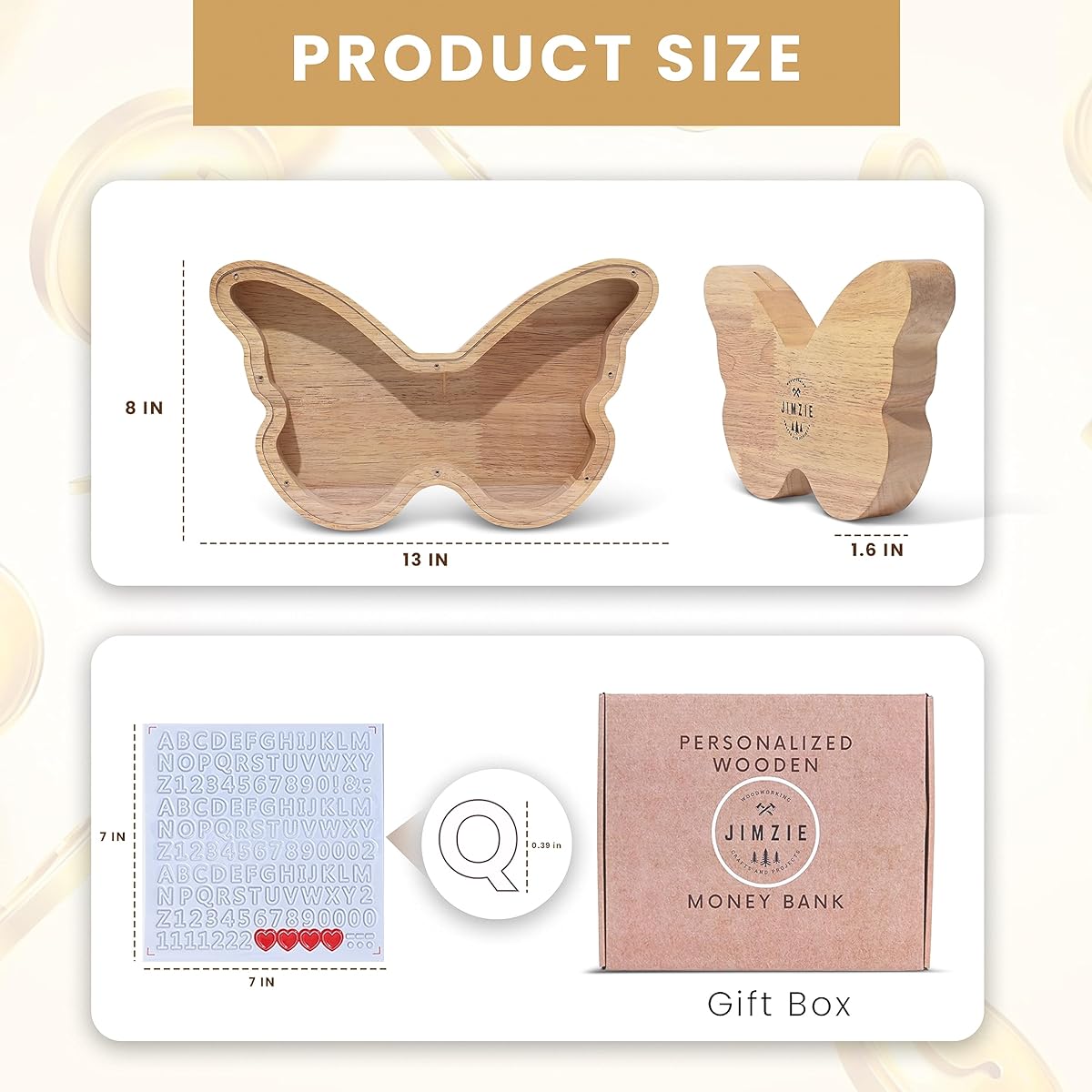 JIMZIE Large Wooden Butterfly Piggy Bank - Personalized Piggy Bank for Kids - Piggy Bank for Adults - Piggy Bank with Transparent Window and Letter Sticker Girls