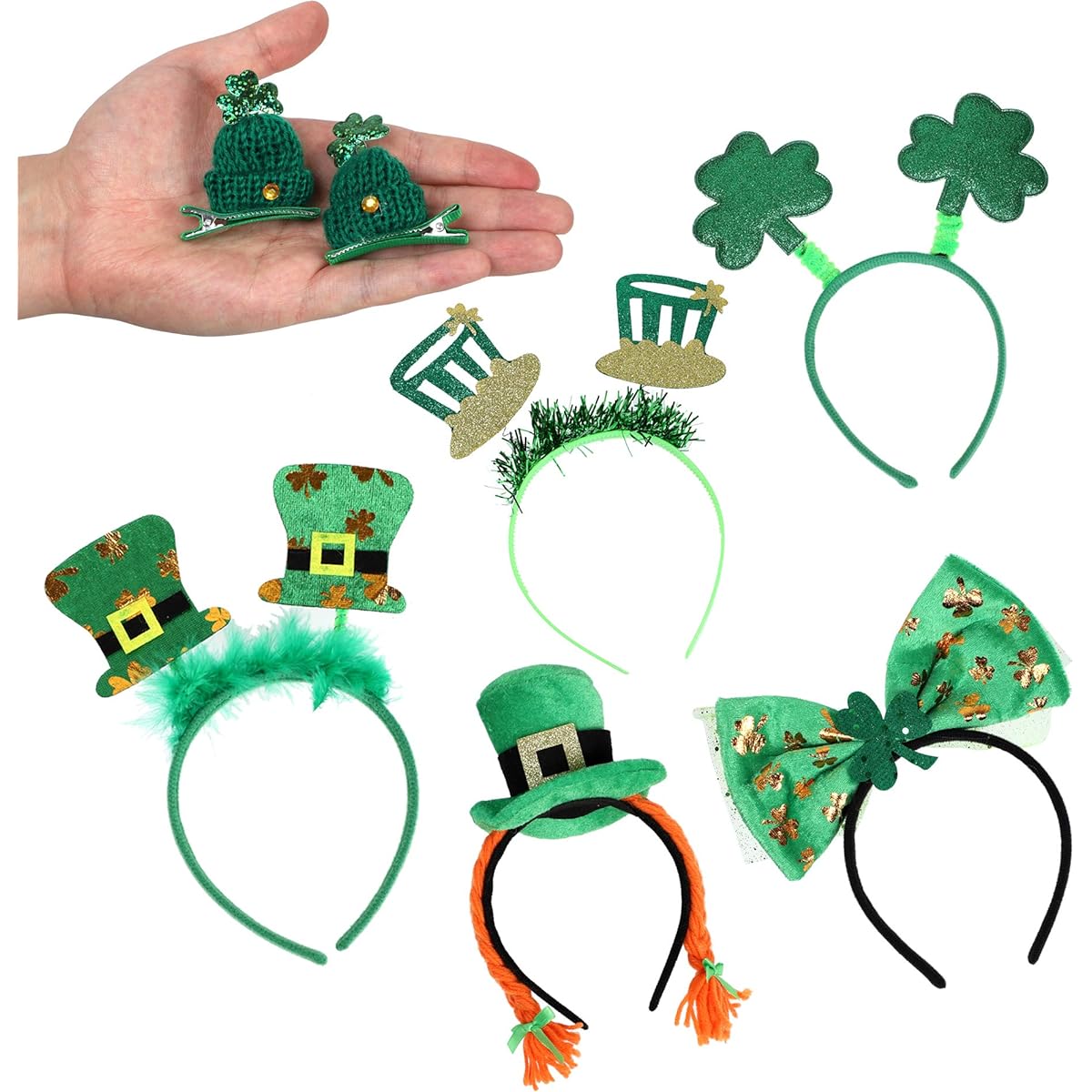 Fuyage 6 Pieces St. Patrick's Day Party Decorations Shamrock Clover Hats Headbands (with 1 Pair Hair Clips)