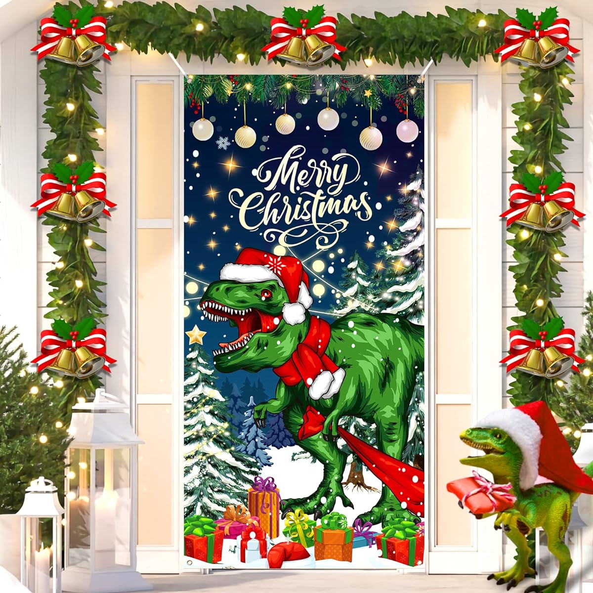 Merry Christmas Door Cover Banner Decorations Large Christmas Dinosaur Door Decor Dinosaur Themed Christmas Holiday Door Backdrop Yard Sign Funny Christmas Party Photo Background 73x36inch