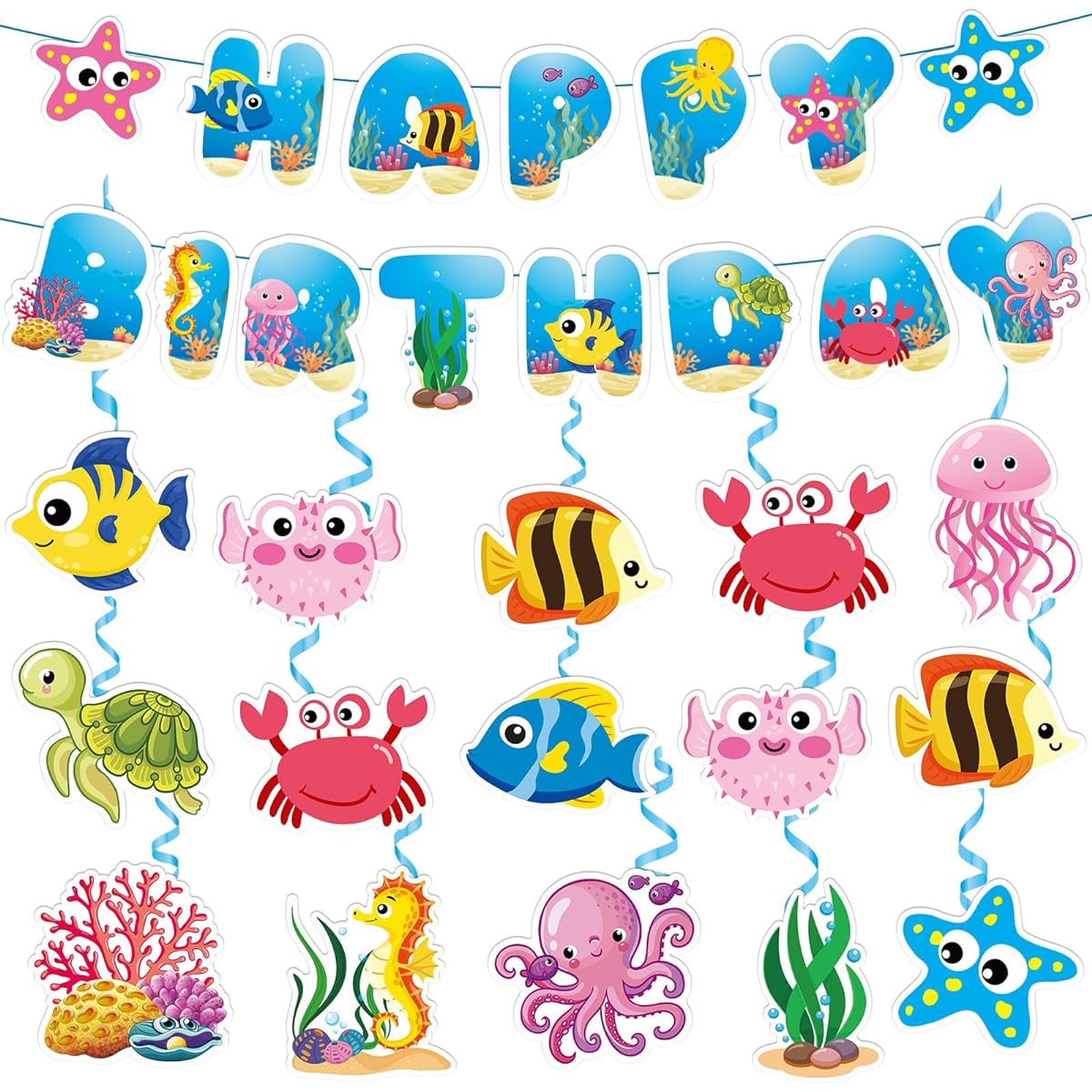 Justforjoyful 30 Pieces Sea Animals Hanging Swirl Banner Decorations Under the Sea Birthday Party Ceiling Decor Tropical Fish Hanging Streamers Ocean Themed Birthday Party Supplies for Baby Beach Party