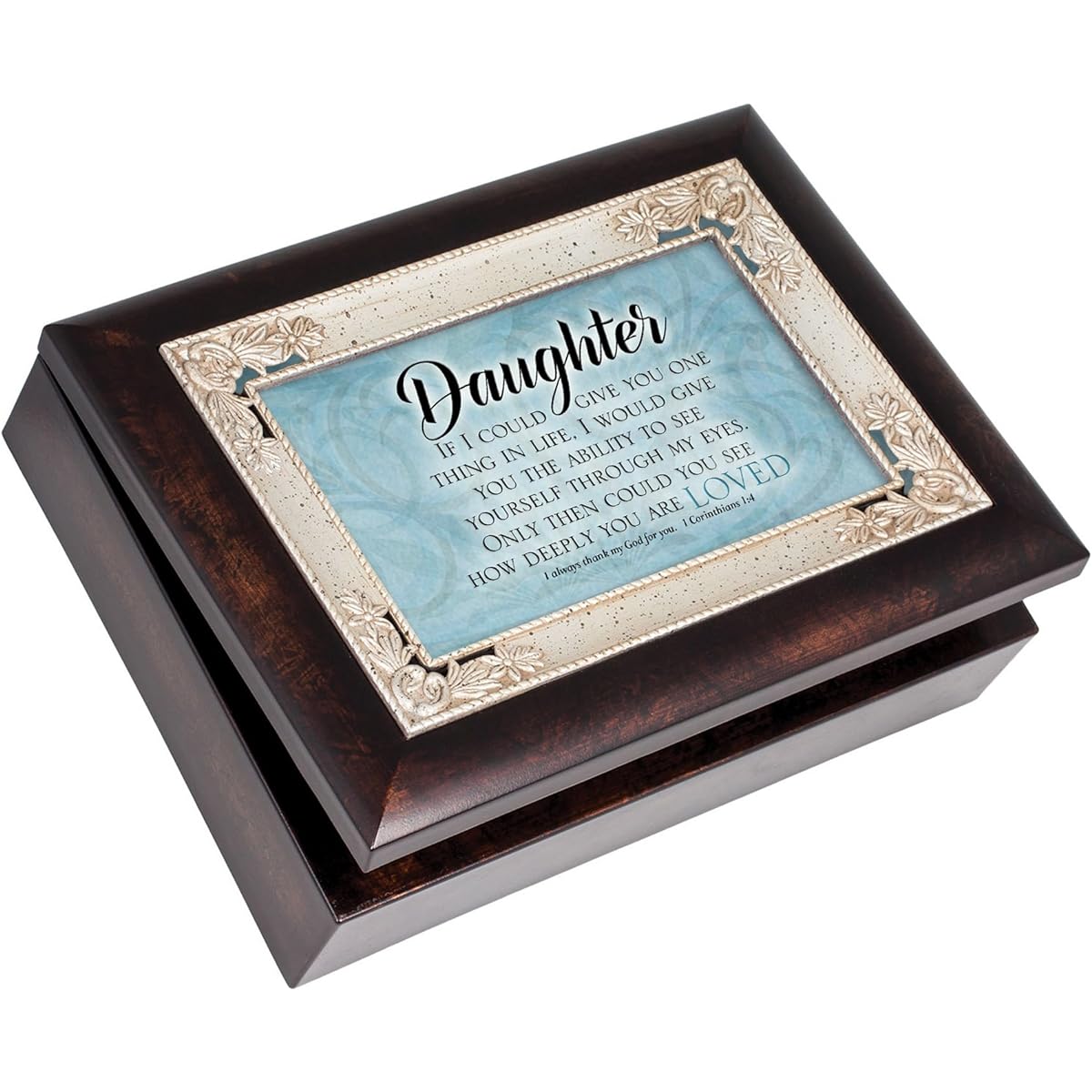 Daughter Deeply Loved 1 Corinthians 1:4 Burlwood Italian Style Music Box Plays Amazing Grace