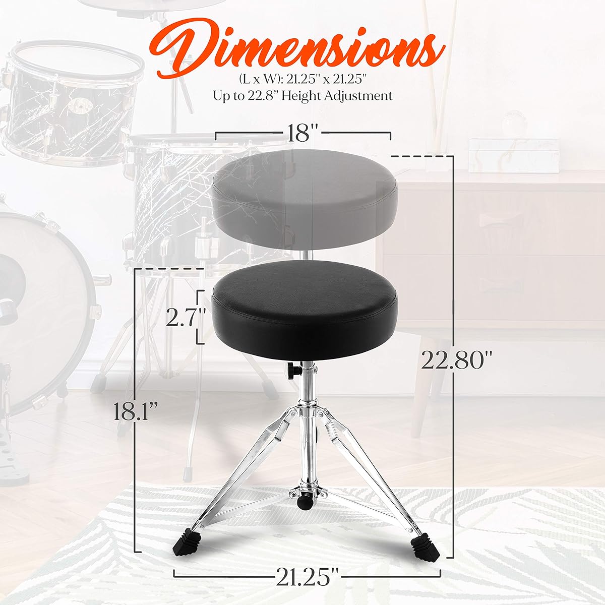 Pyle Adjustable Drum Throne Stool Portable Double Braced Tripod Legs Foam Cushioned Seat Ideal for Stage and Studio Use PSEATDRM28