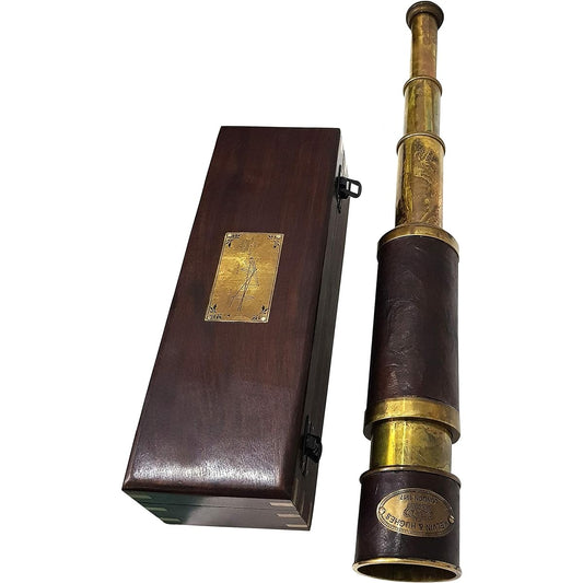 Antique Brass Leather Telescope Nautical Functional Handheld Pirate Spyglass Handmade Vintage Collectible Wooden Box Kelvin & Hughes London 1917