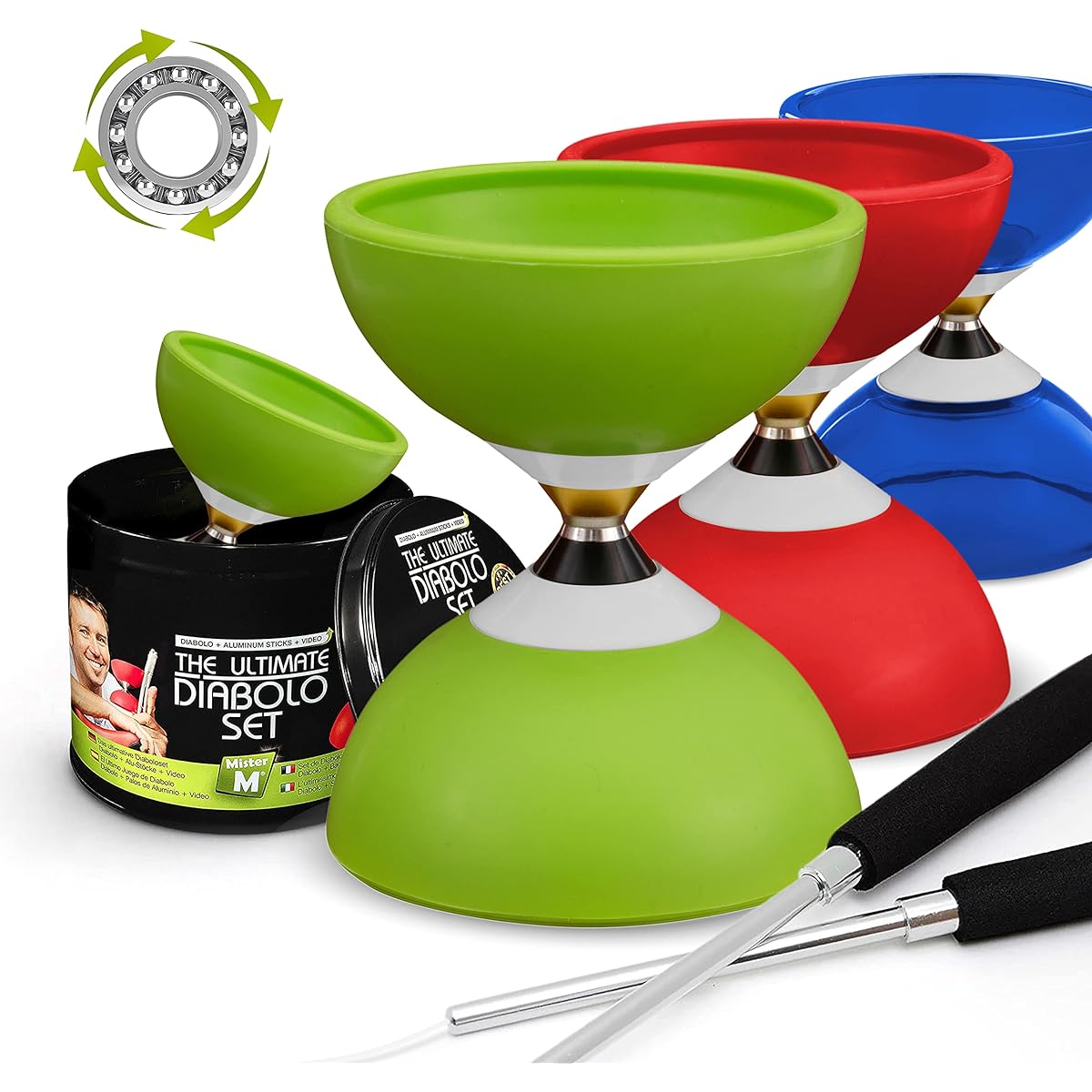 Mister M | The Ultimate Diabolo Juggling Set | Perfect for Beginners and Professionals | Diabolo Aluminum Sticks and Spare Strings | Includes Online Videos to Learn the Art of Juggling
