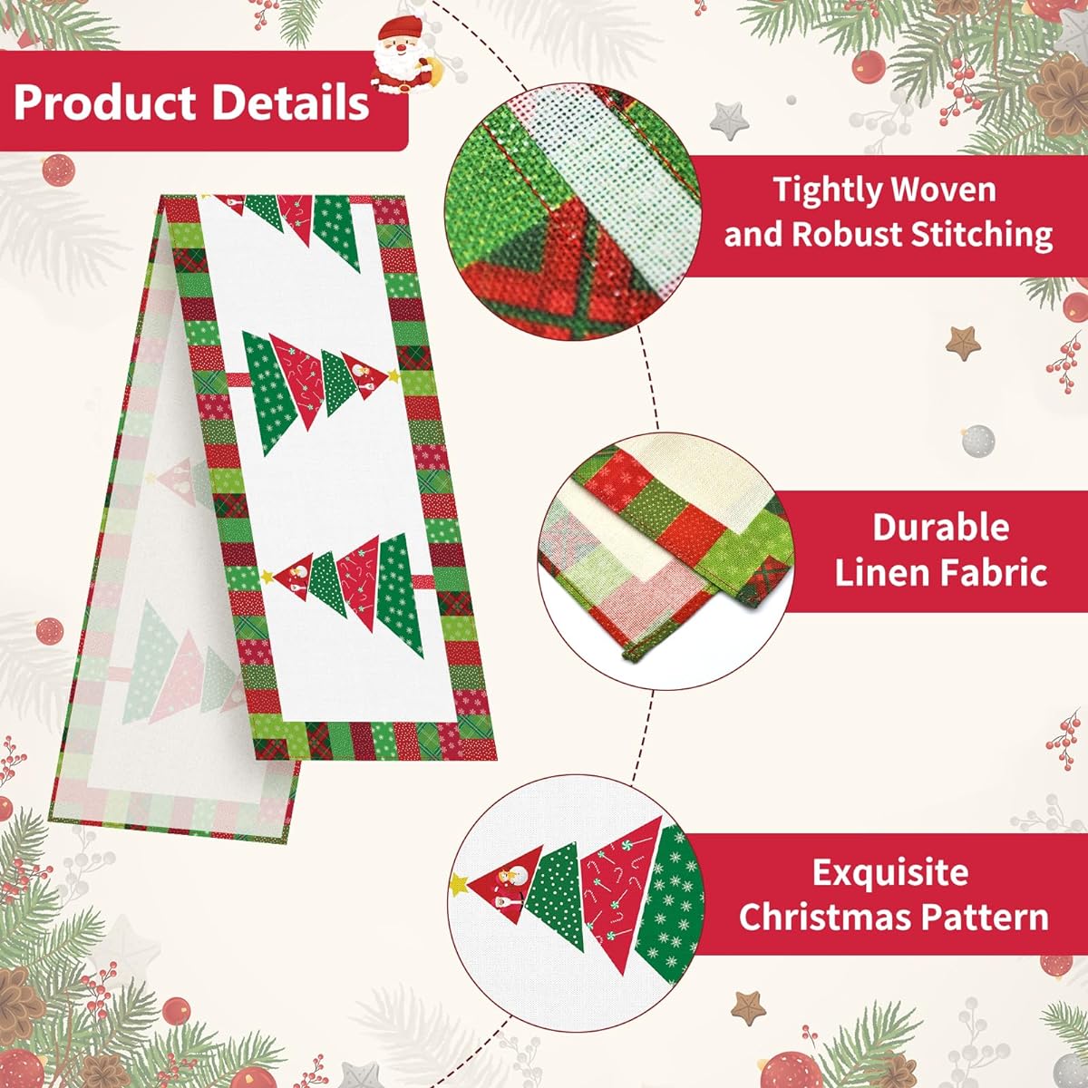 Christmas Table Runner 72 x 13 Inch Decorative Green Linen Christmas Tree Pattern Table Cover for Winter Christmas Theme Party Seasonal Holiday Table Decor for Indoor Kitchen Dining Fireplace Mantel