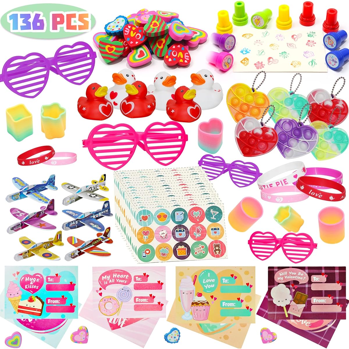 Lulu Home 136 Pieces Valentine's Day Party Favors for Kids - Assortment of Novelty Toys including Heart-Shaped Glasses, Rubber Ducks, Erasers, Slinkys, Bracelets, Stamps, and More for Classroom Prizes and Gift Exchanges