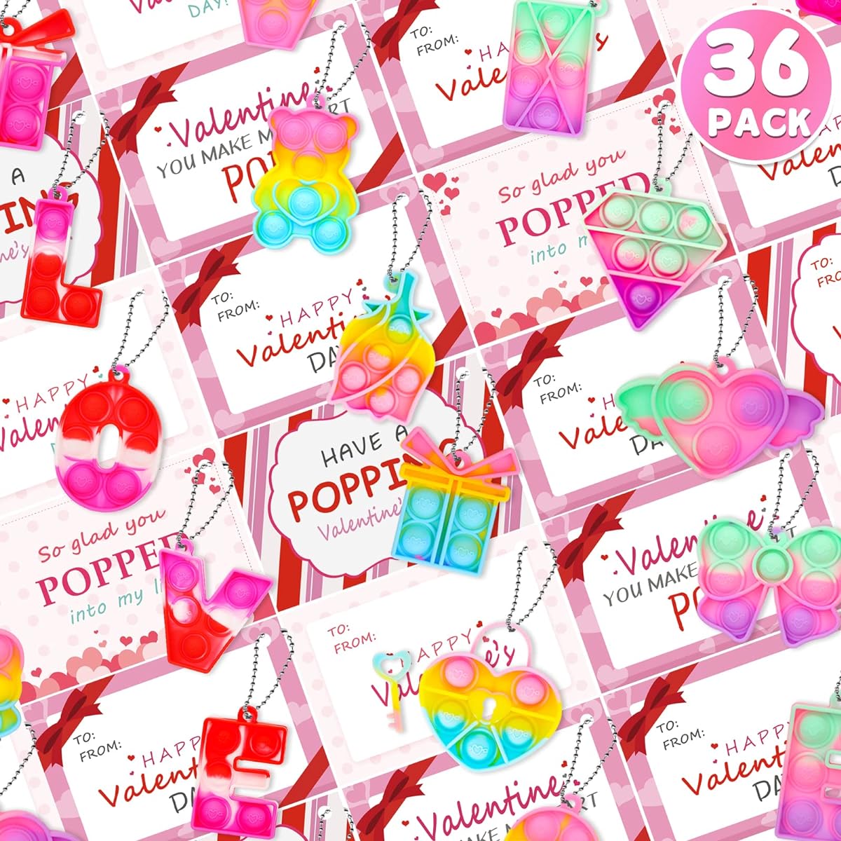Valentine's Day Gifts for Kids, 36 Pack Valentine's Day Cards for Kids, Mini Push Pop Bubble Fidget Toys for Boys/Girls, Valentine's Party Favors, Classroom Exchange, Classroom Giveaways, School Supplies