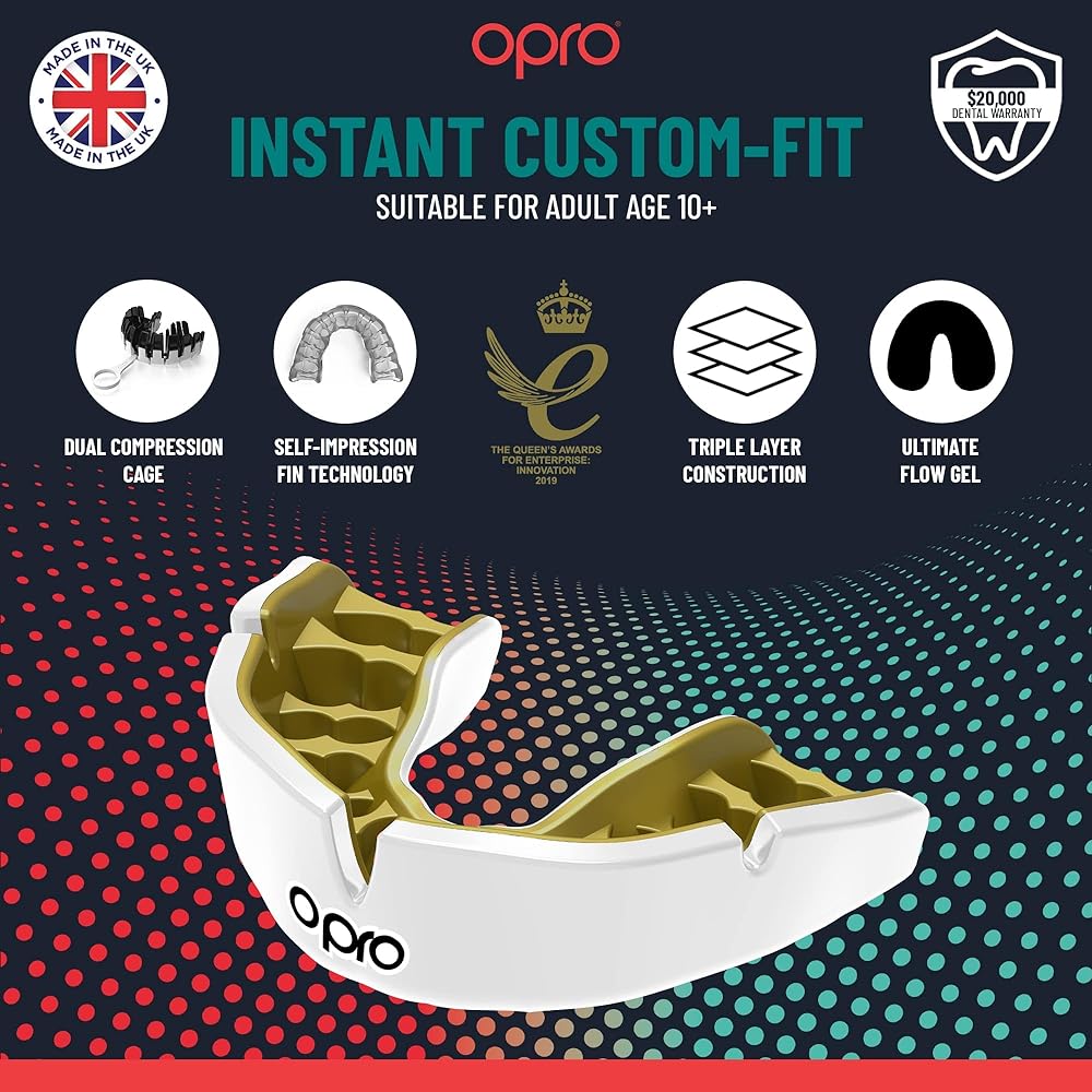 OPRO Mouthguard [Instant Custom Fit] Sports Mouthpiece Made in England [Official Store] (Design & Color) (Adult, Black, White & Silver)