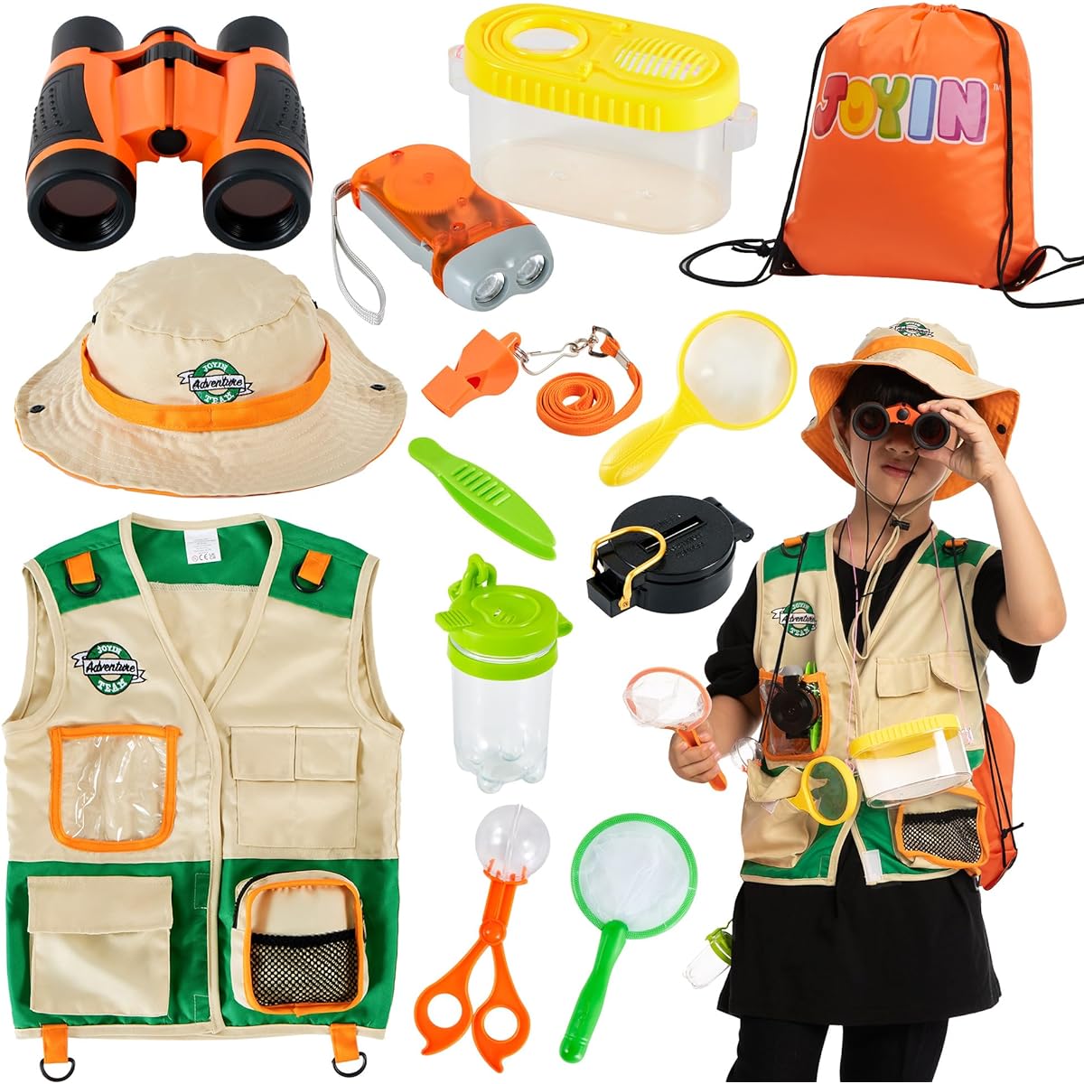 JOYIN Outdoor Explorer Kit Bug Catcher for Kids (Vest, Hat, Flashlight Compass Binoculars, Magnifying Glass, Butterfly Net) Kids Camping Supplies Educational Toys Halloween Birthday Gift for Kids