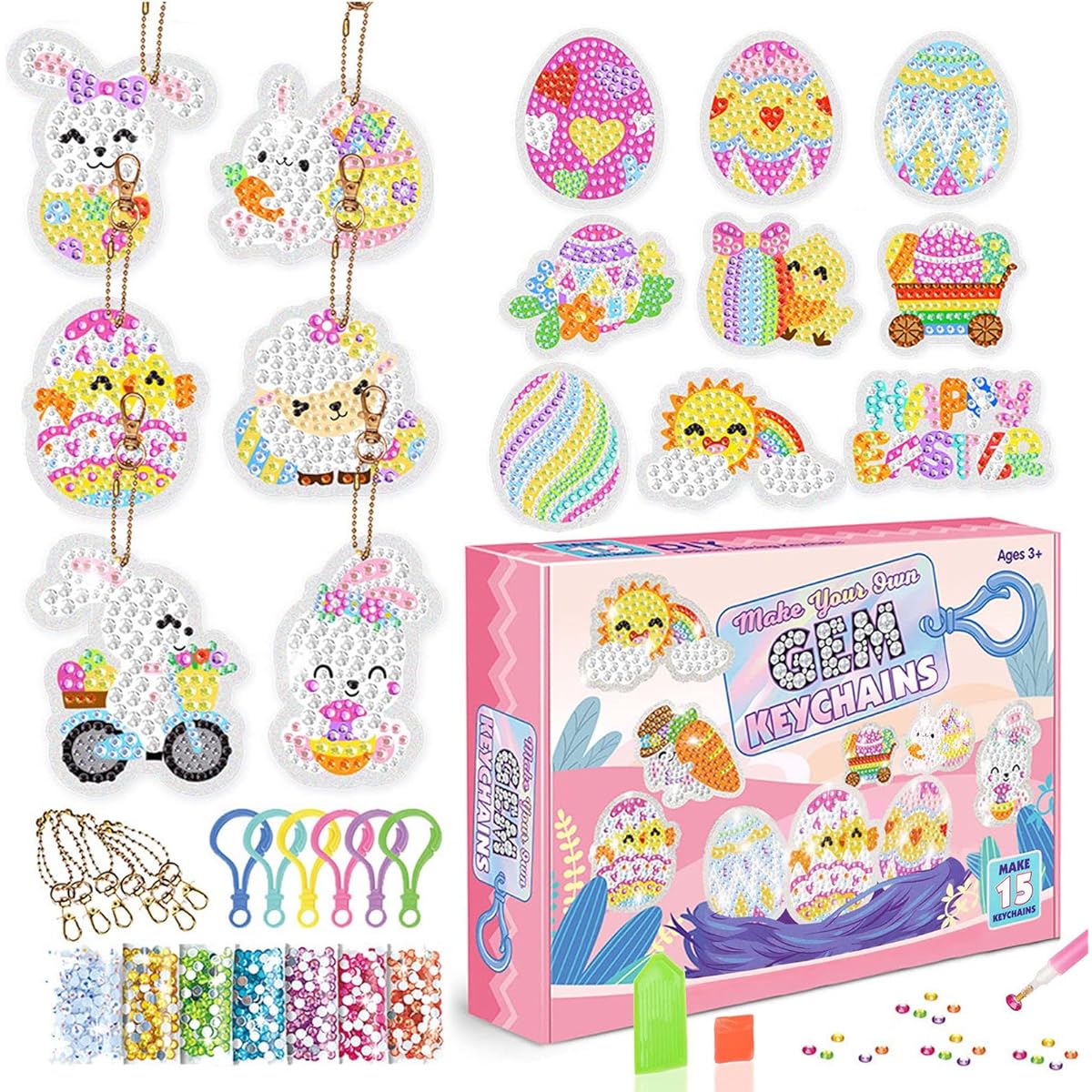 RAYNAG 15 Pieces Gemstone Keychain Kit Diamond Art Keychain Set Easter Egg Rabbit Diamond Art Ornaments Keychain Gift Box Gemstone Pendant for School Bag Toys and Gifts Ages 6-12(A)