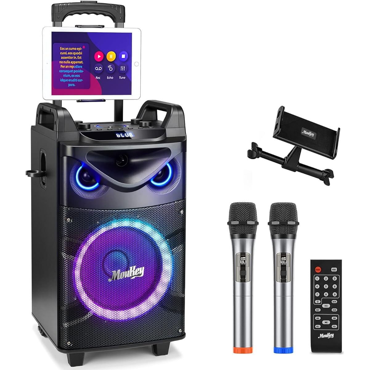 Moukey Portable Speaker, Bluetooth, 2 Wireless Microphones, Karaoke Set for Home Use, PA Set, 10-inch Subwoofer, Rechargeable UHF Microphone, Recording MP3/USB/TF/FM Broadcasting, 8-20 Hours of Use (10-inch) MTs10-2