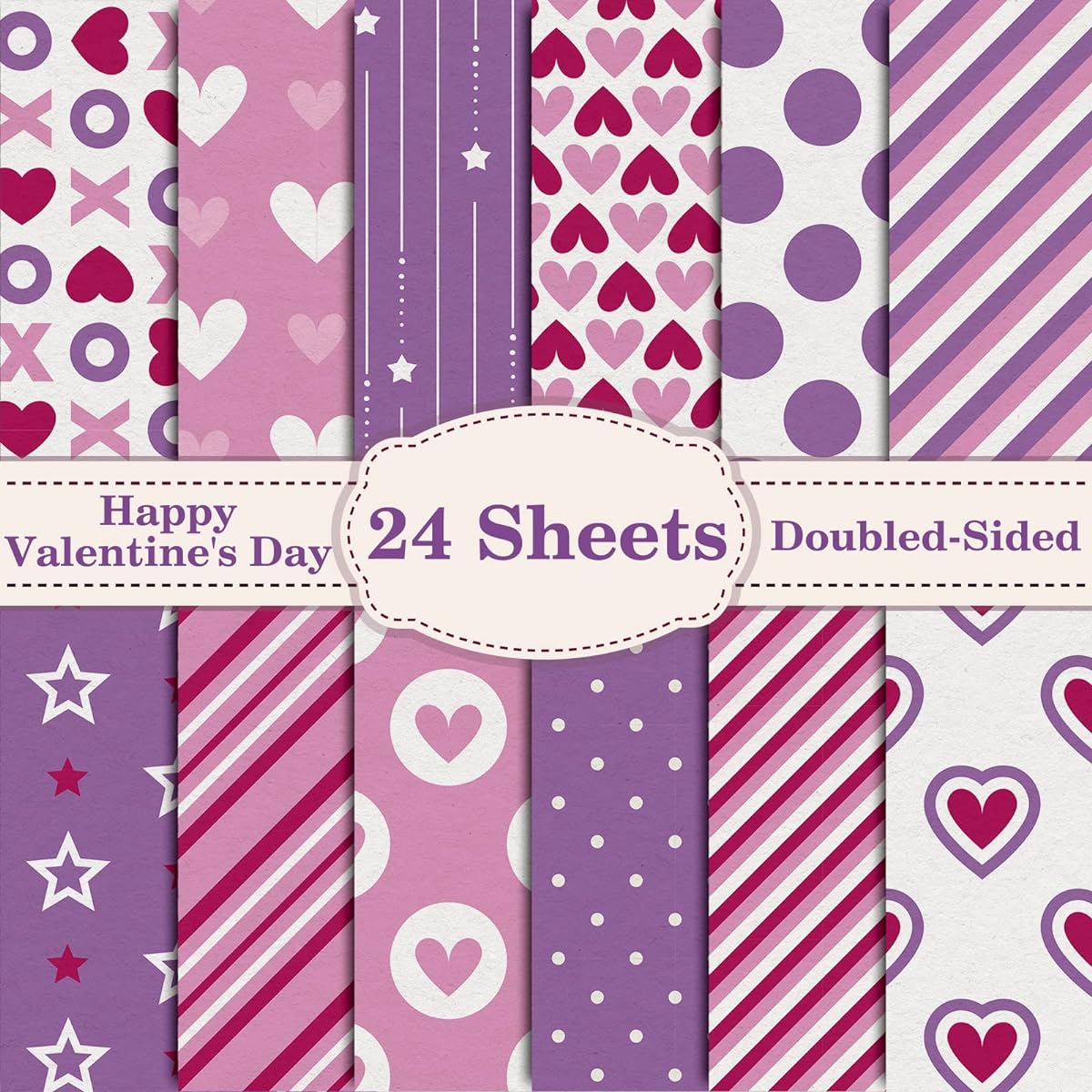 Whaline 12 Designs Valentine Pattern Paper Pack 24 Sheets Heart Scrapbook Specialty Paper Pink Purple Collection Double Sided Decorative Craft Paper for Card Making Scrapbooking
