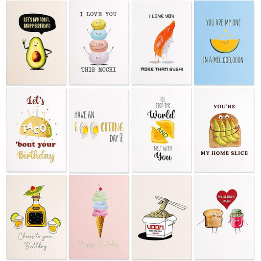 12 Cute and Funny Food Themed Greeting Cards - I Love You Happy Birthday Thank You Cards Perfect for Foodies - Large 5 x 7 Inch with White Envelopes
