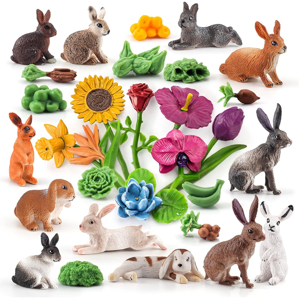 30 Pieces Mini Rabbit Figure Toy Set Fruit Vegetable Accessories Toddler Rabbit Toy Bunny Figurine Gift for 1 2 3 4 5 6 Kids Boys Girls