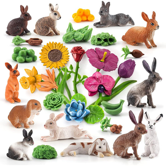 30 Pieces Mini Rabbit Figure Toy Set Fruit Vegetable Accessories Toddler Rabbit Toy Bunny Figurine Gift for 1 2 3 4 5 6 Kids Boys Girls