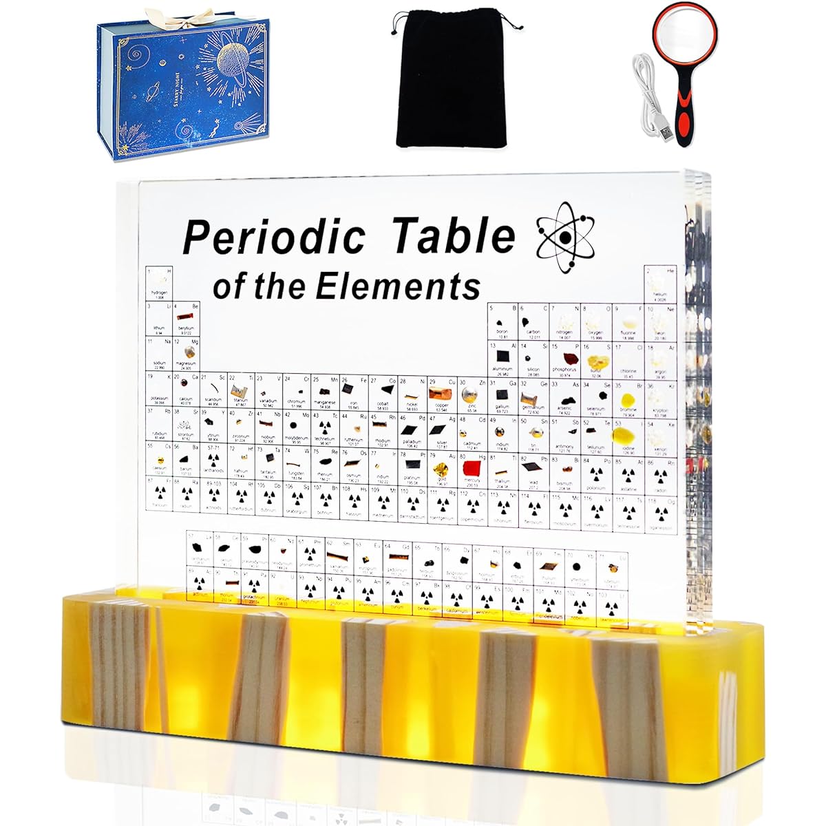 Periodic Table with Real Elements Inside Amber Lighted Stand Acrylic Periodic Table of Elements Poster Crafts Decoration Teacher Chemistry Gift for Kids Adults Students Teachers Science Enthusiasts