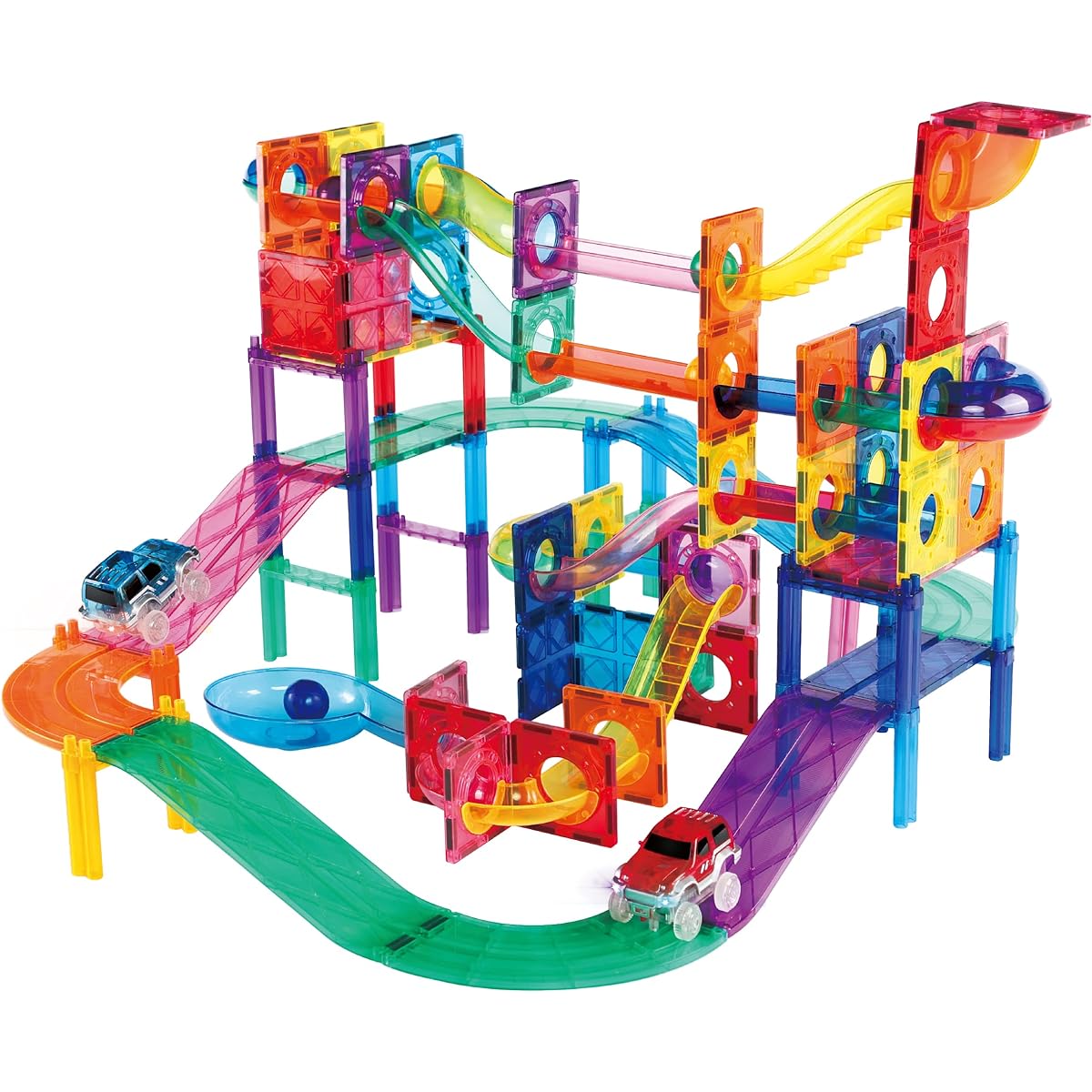 PicassoTiles 108pc 2-in-1 Marble Run Car Race Track Combo Magnetic Tiles PicassoToys Magnet Building Block Educational Construction Toy Playset STEM STEAM Learning Kit Child Brain Development PTG108